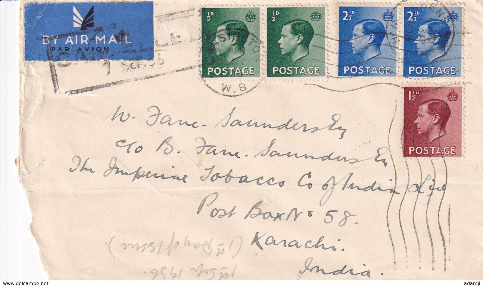 GREAT BRITAIN 1936 EDWARD VIII COVER TO INDIA (KARACHI Now PAKISTAN) - Covers & Documents