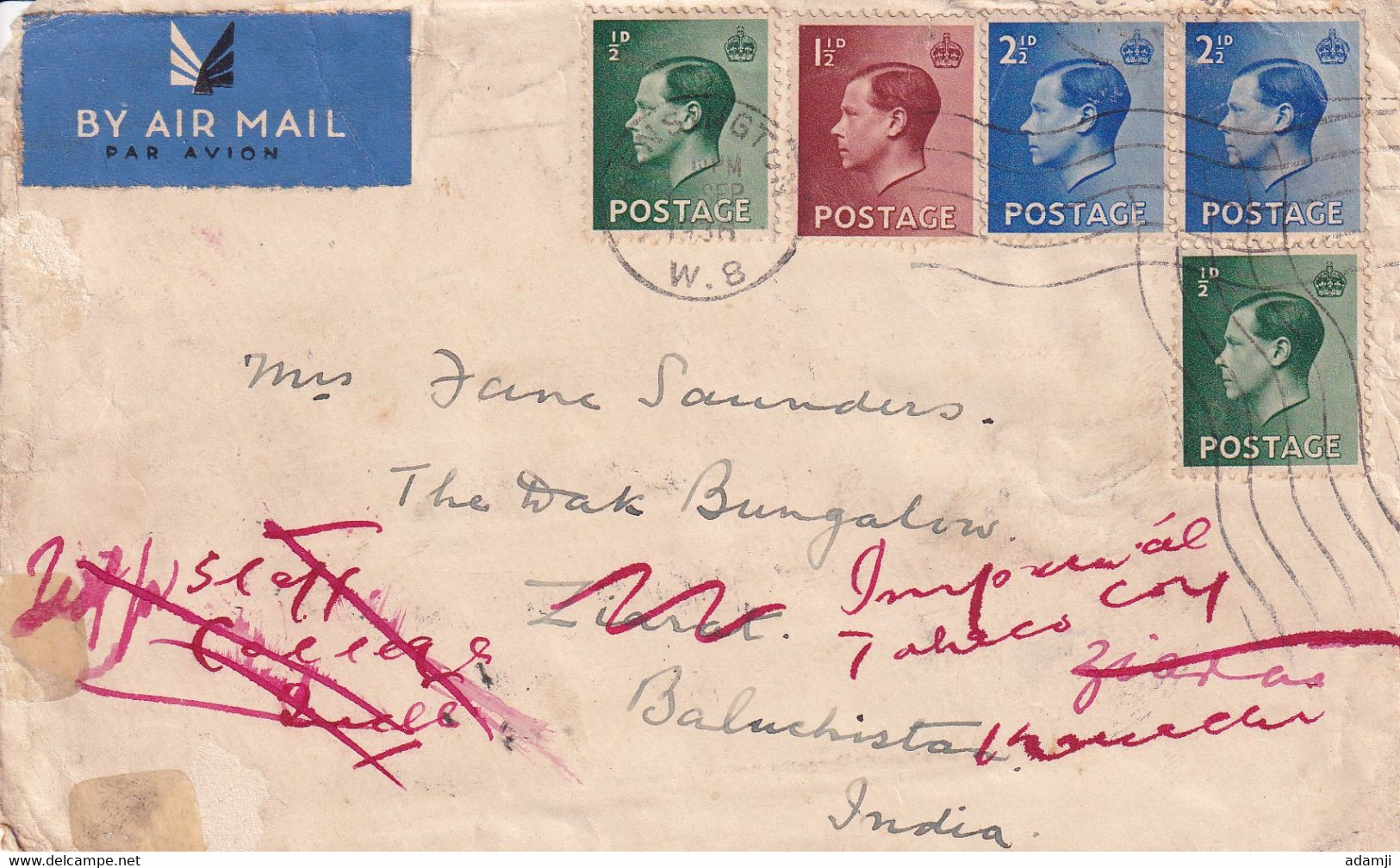 GREAT BRITAIN 1936 EDWARD VIII COVER TO INDIA (BALUCHISTAN Now PAKISTAN) VIA MULTPLE CITIES POSTMARK RARE. - Covers & Documents