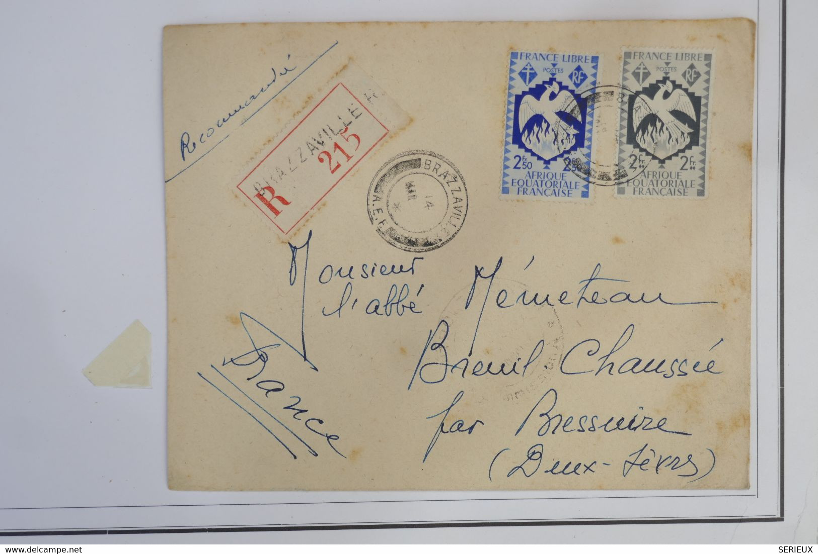 AZ10 AEF FRANCE LIBRE BELLE LETTRE RECOM.  1945  BRAZZAVILLE  A BREUIL    FRANCE ++ 2 ET 4 F   ++ AFFRANCH. PLAISANT - Storia Postale