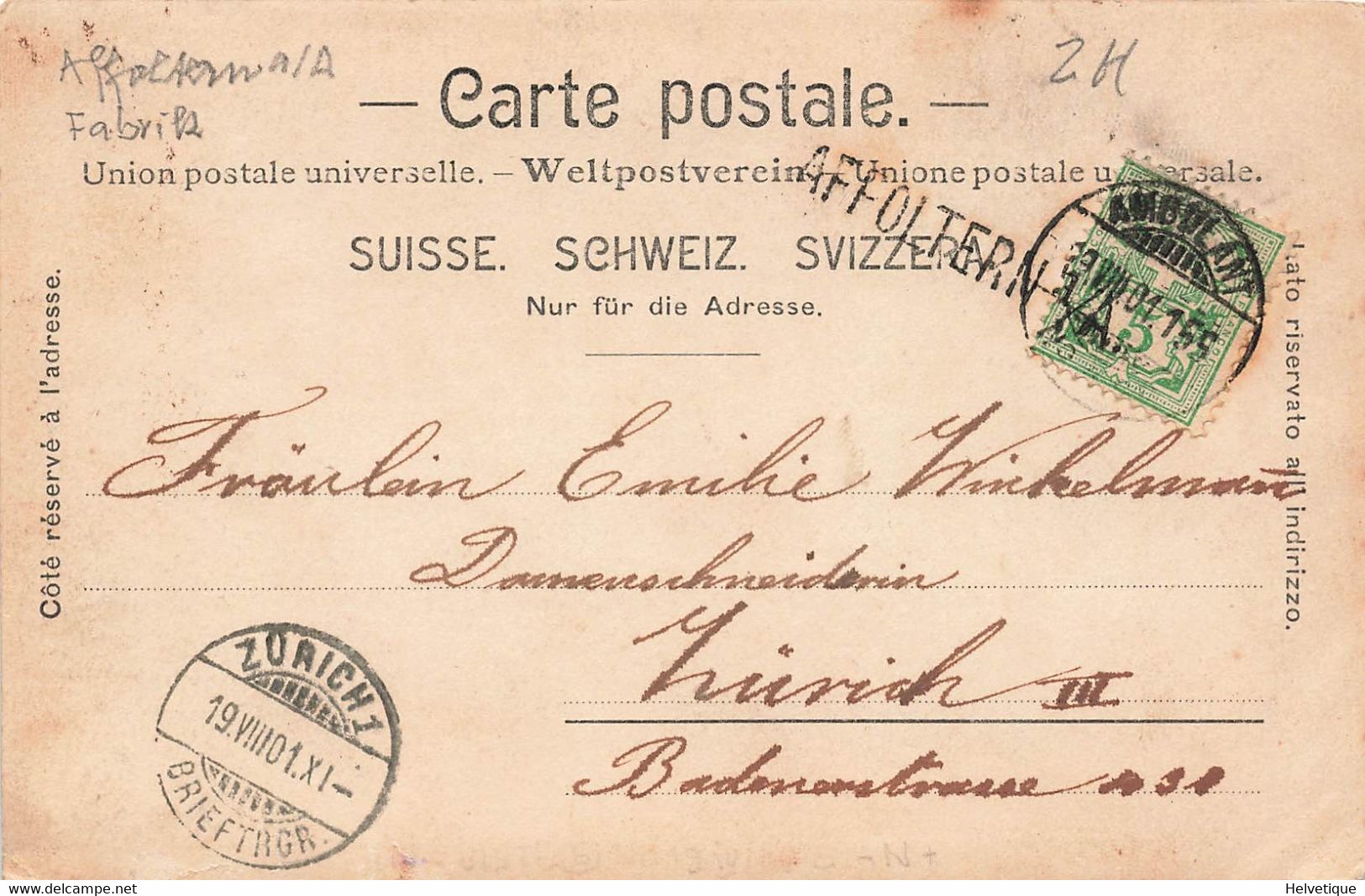 Carte-Photo Affoltern Fabrik Zürich 1901 - Affoltern