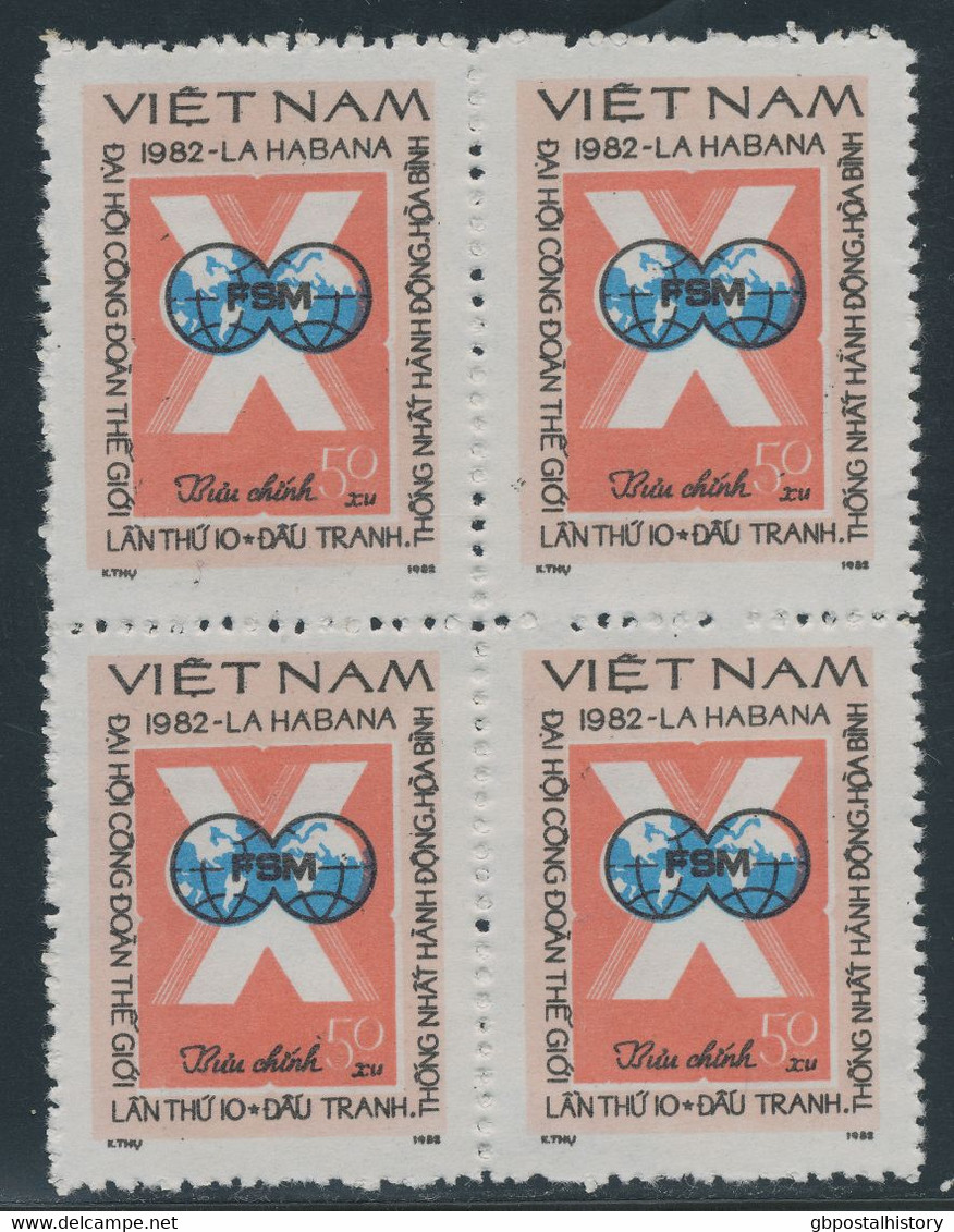 VIETNAM 1982, 10th World Congress Of Trade Unions, Havana; 50 Xu Multicolored, Superb U/M Block Of Four, MAJOR VARIETIES - Vietnam