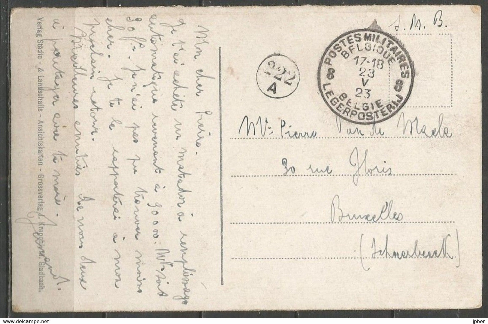 Belgique - Cachet "POSTES MILITAIRES 8" Du 23-5-23 - Carte Postale BAD CLEVE AM RHEIN (KLEVE Allemagne) - Brieven En Documenten