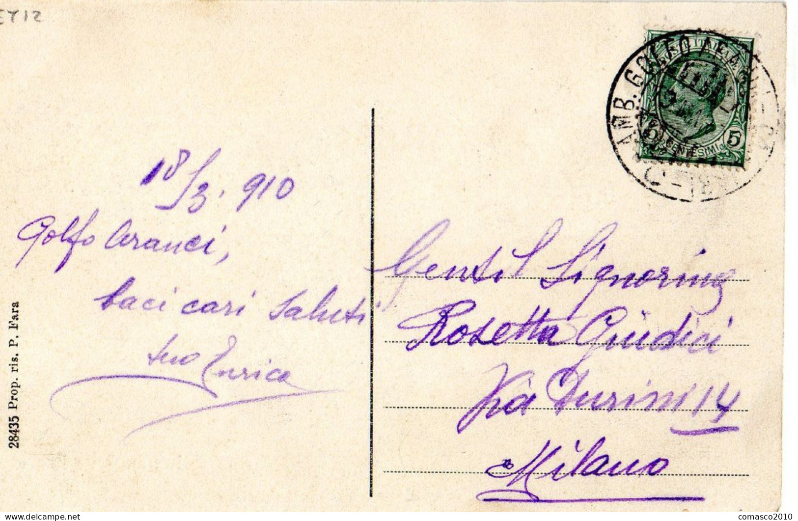 Cartolina SALUTI DA GOLFO ARANCI  Viaggiata Nel 1910 Bella E Molto  Rara - Olbia