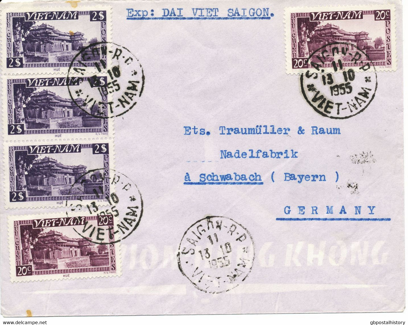 VIETNAM 13.10.1955, Old Imperial Palace Hué 20 C. (2 X) And 2 P. (3 X) On Superb Forerunner Cover To Schwabach, Germany - Vietnam