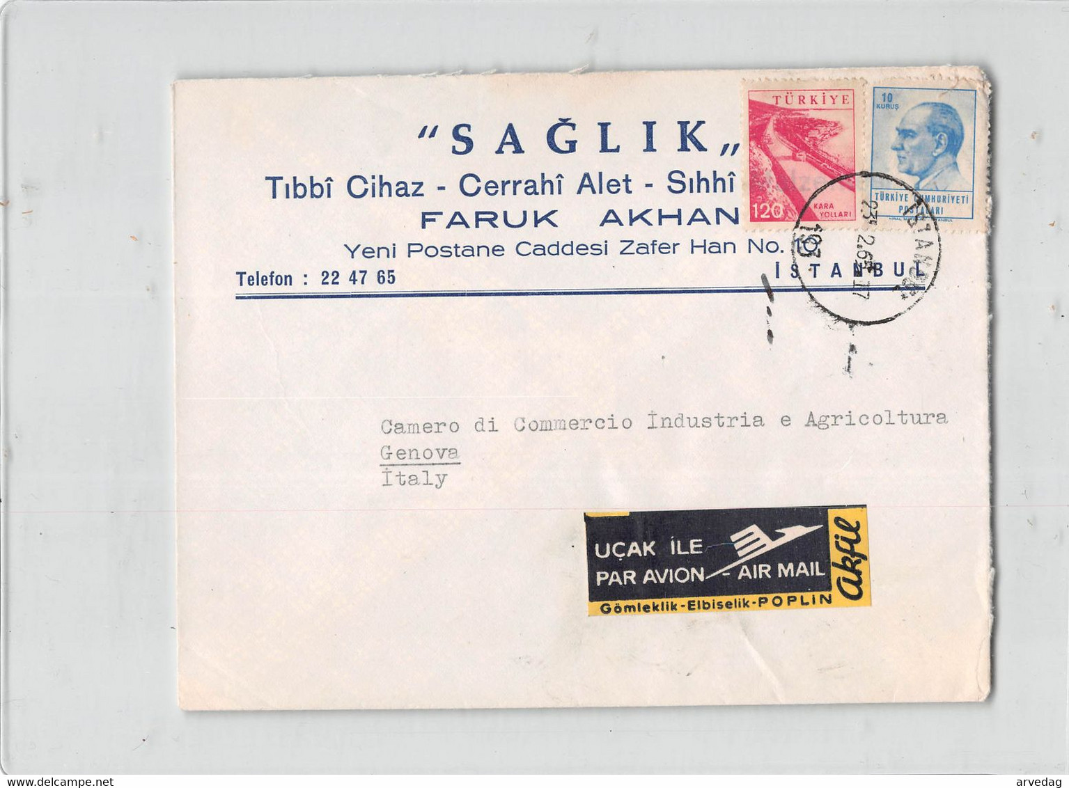 AG1648 01  INSTANBUL SAGLIK TO GENOVA - AIR MAIL - Covers & Documents