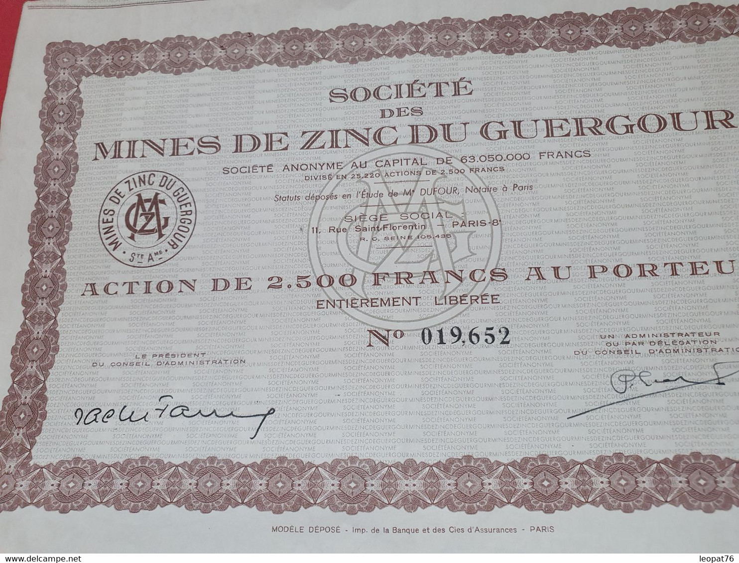 Action De 2500fr Au Porteur De La Société Des Mines De Zinc Du Guergour-  JJ 11 - S - V