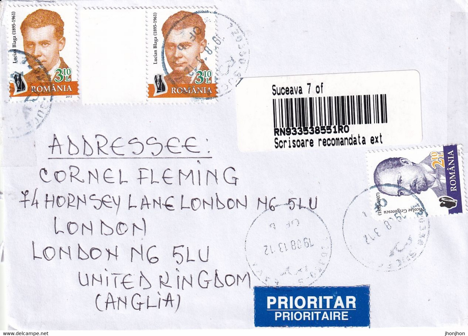 Romania -  Envelope Circulated In 2013 To United Kingdom ; Stamps With The Writer L. Blaga And The Painter N. Grigorescu - Brieven En Documenten