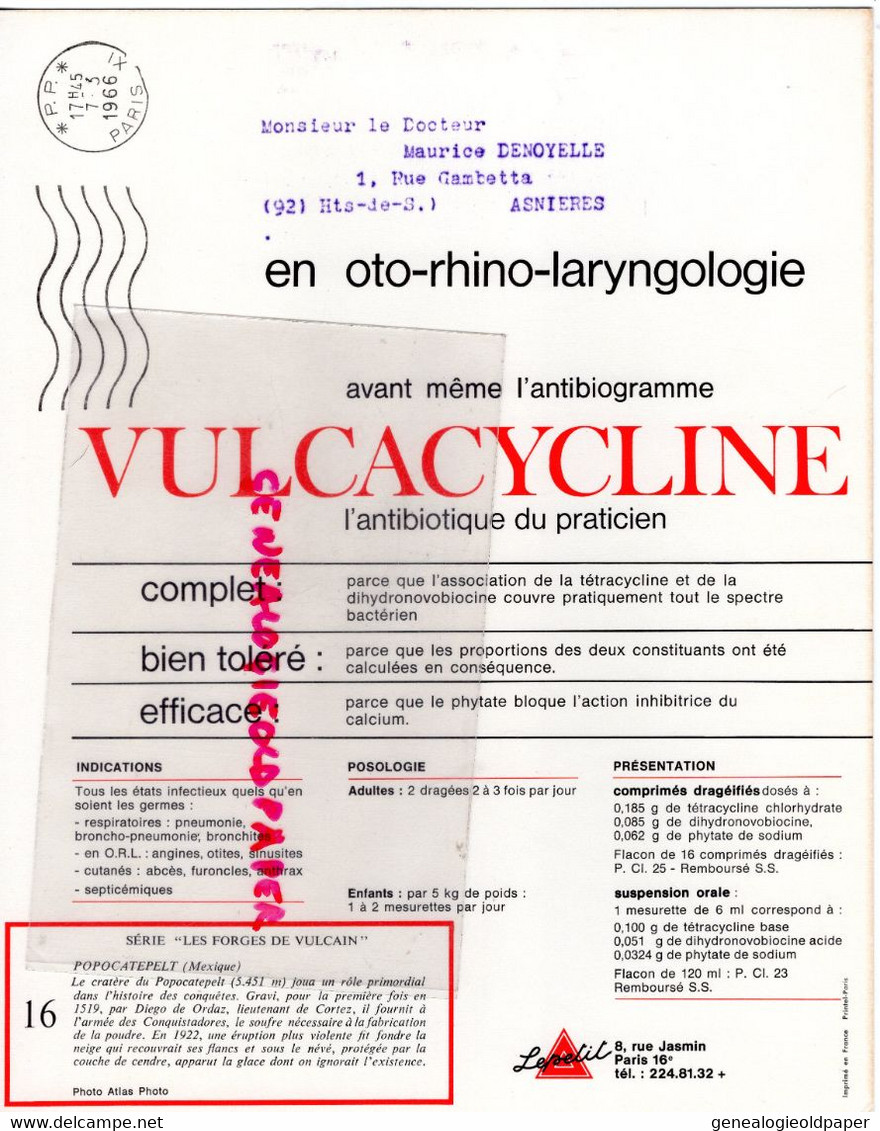 PUBLICITE VULCACYCLINE-ANTIBIOTIQUE LEPETIT PARIS- LES FORGES VULCAIN-VOLCAN POPOCATEPELT MEXIQUE- SOUFRE POUDRE - Reclame