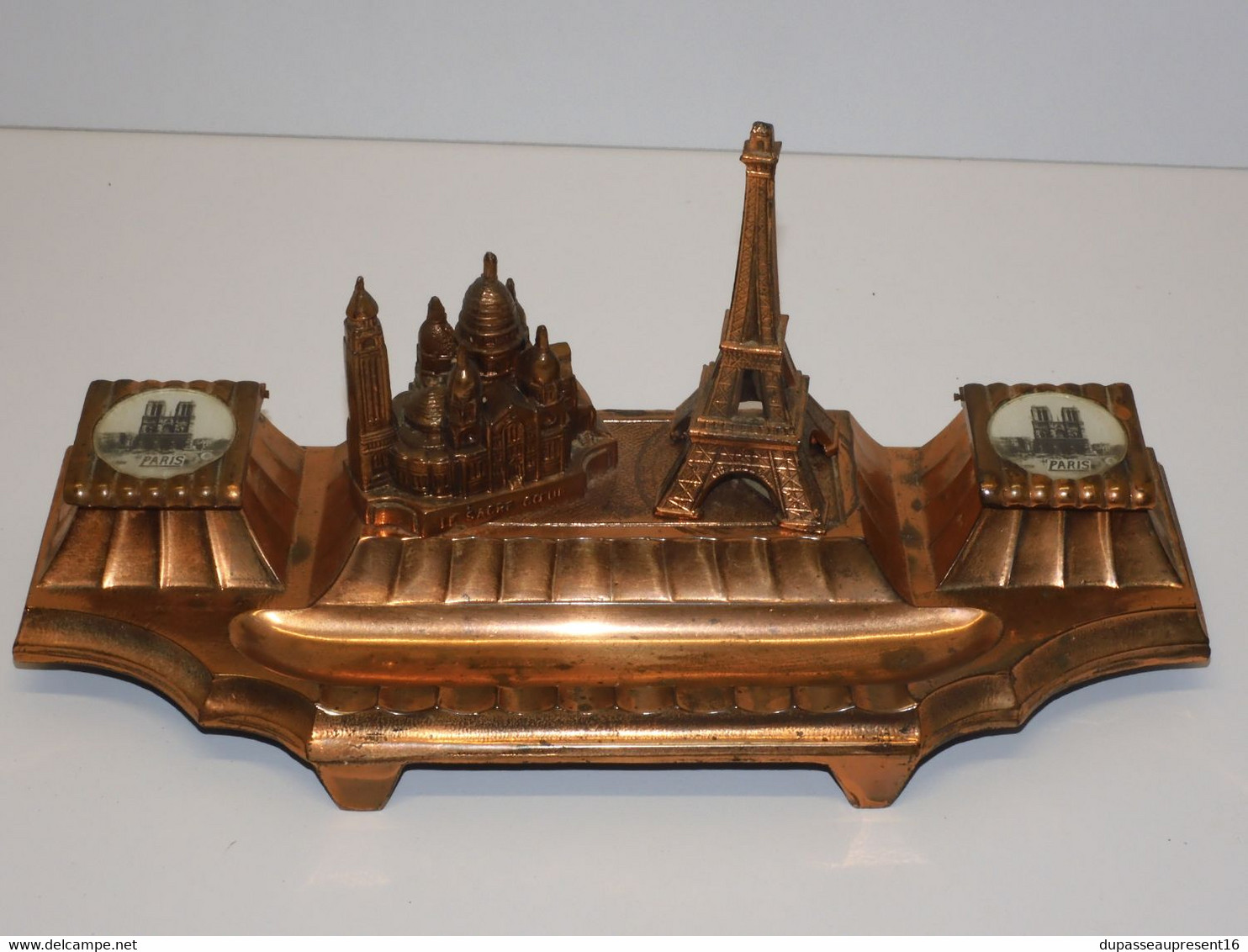 *ANCIEN ENCRIER DOUBLE SOUVENIR DE PARIS TOUR EIFFEL SACRE COEUR Régule Cuivré     E - Inkwells