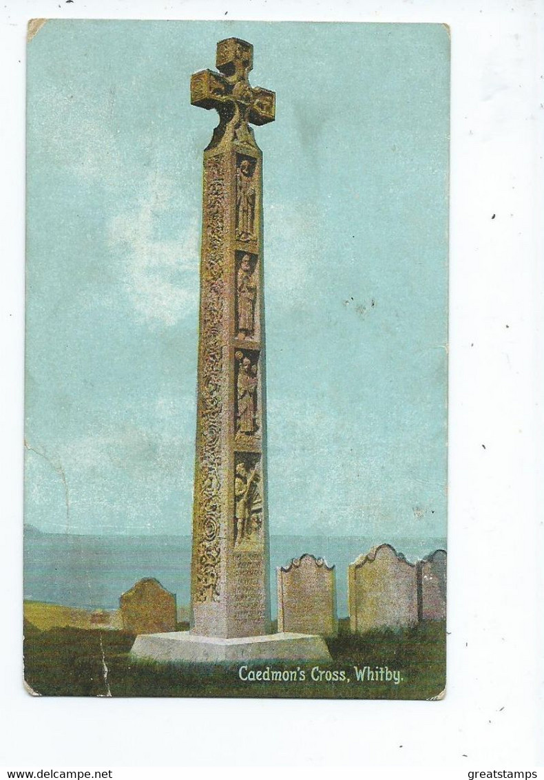 Postcard Yorkshire Whitby Caedmon's Cross Unused . Creased - Whitby