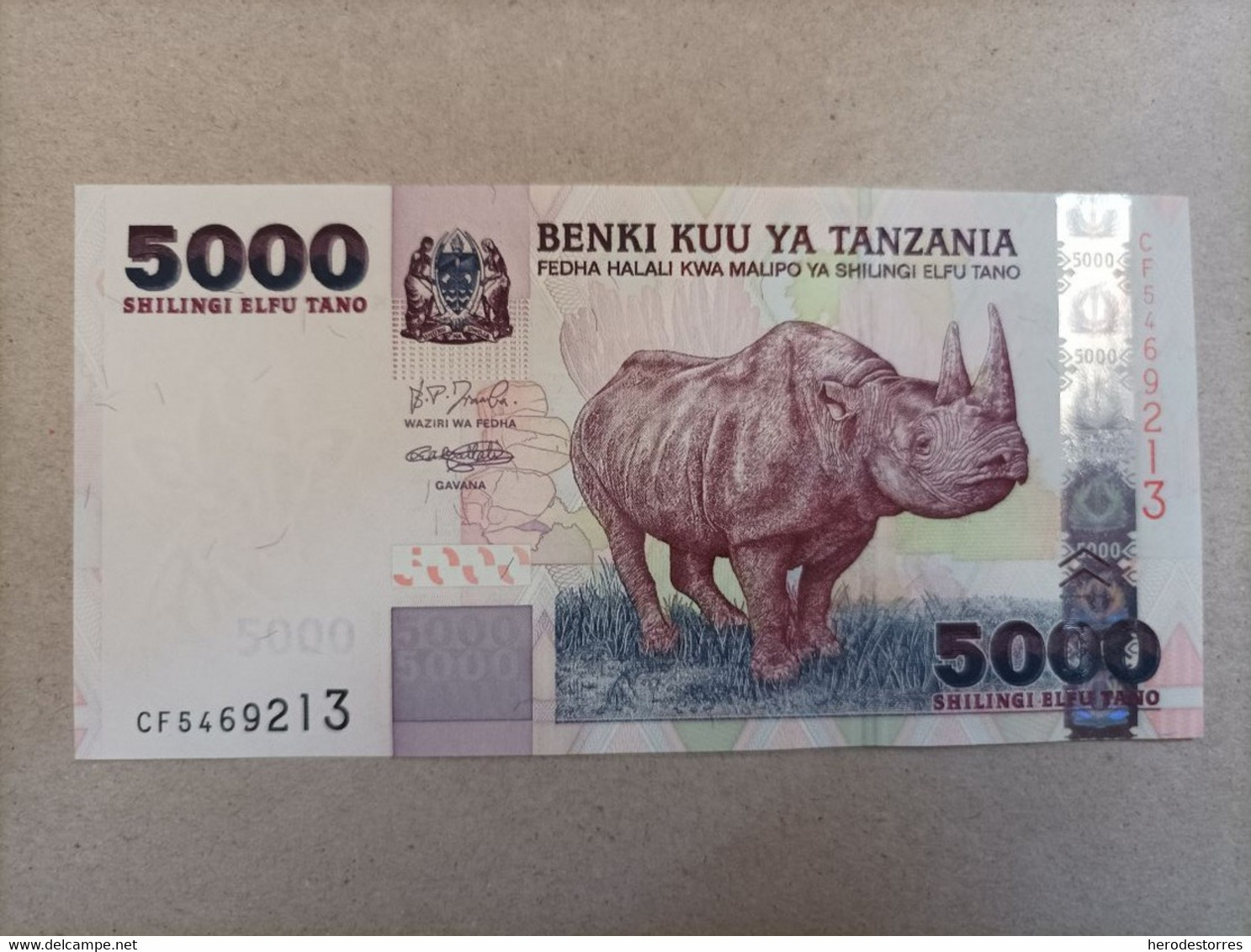 Billete De Tanzania De 5000 Schilingi, Rinoceronte, Año 2003, UNC - Tanzanie