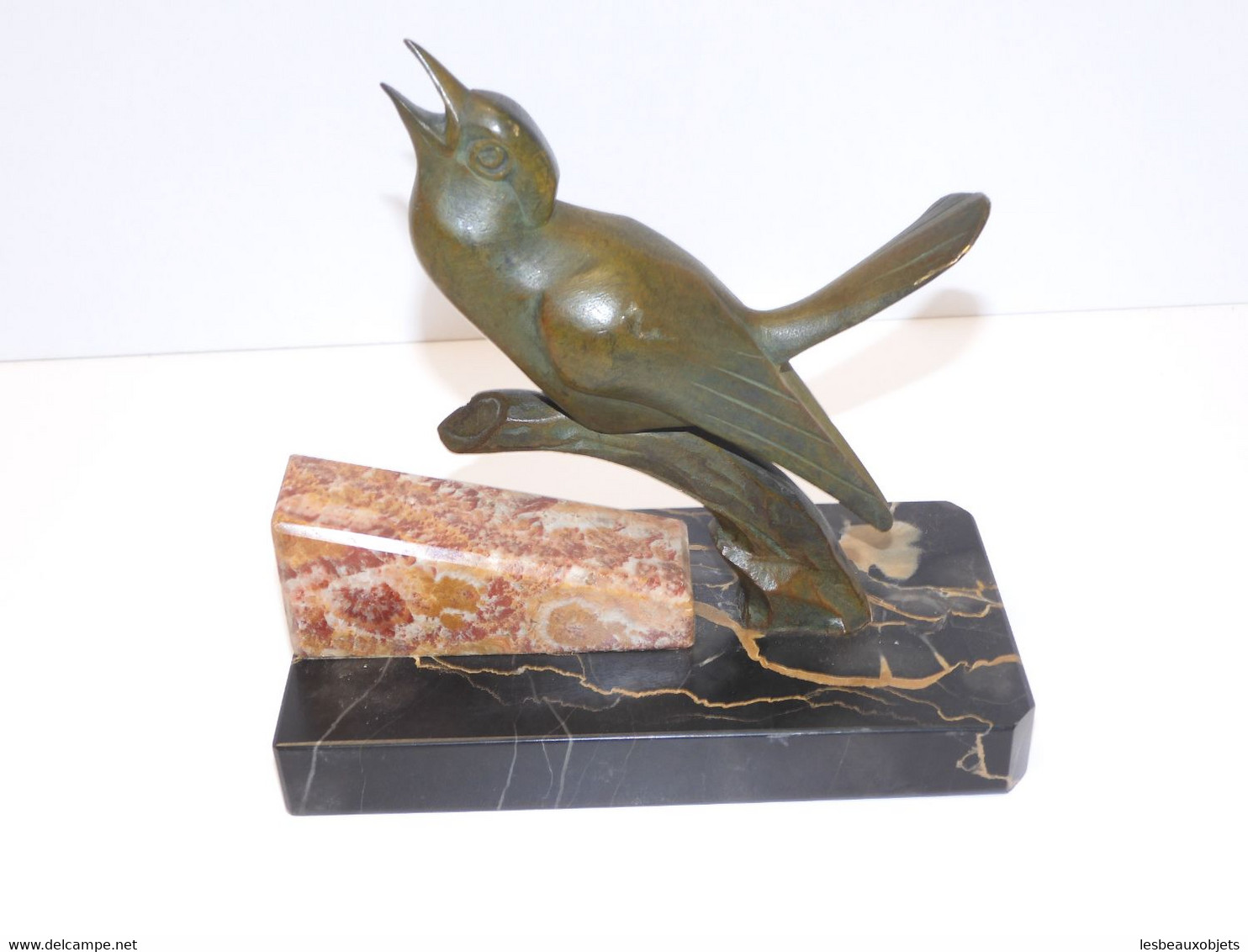 *BELLE PAIRE OISEAUX BRONZE ART DECO SERRE LIVRES PATINE VERTE SOCLE MARBRE   E