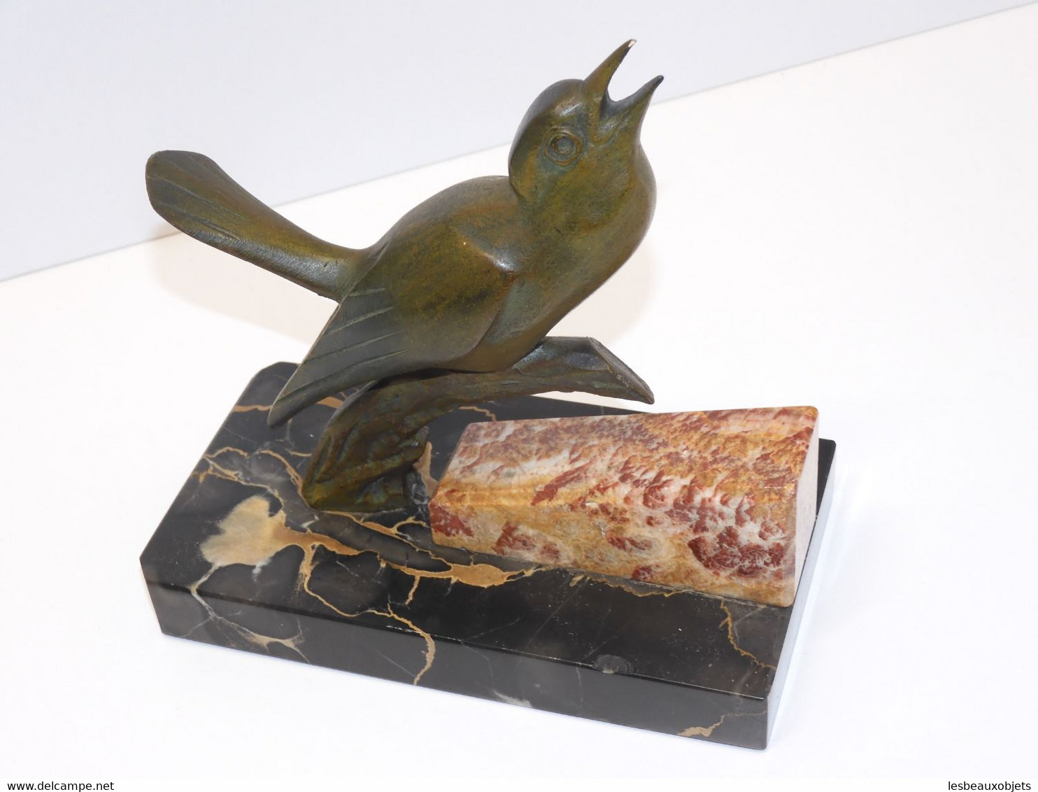 *BELLE PAIRE OISEAUX BRONZE ART DECO SERRE LIVRES PATINE VERTE SOCLE MARBRE   E