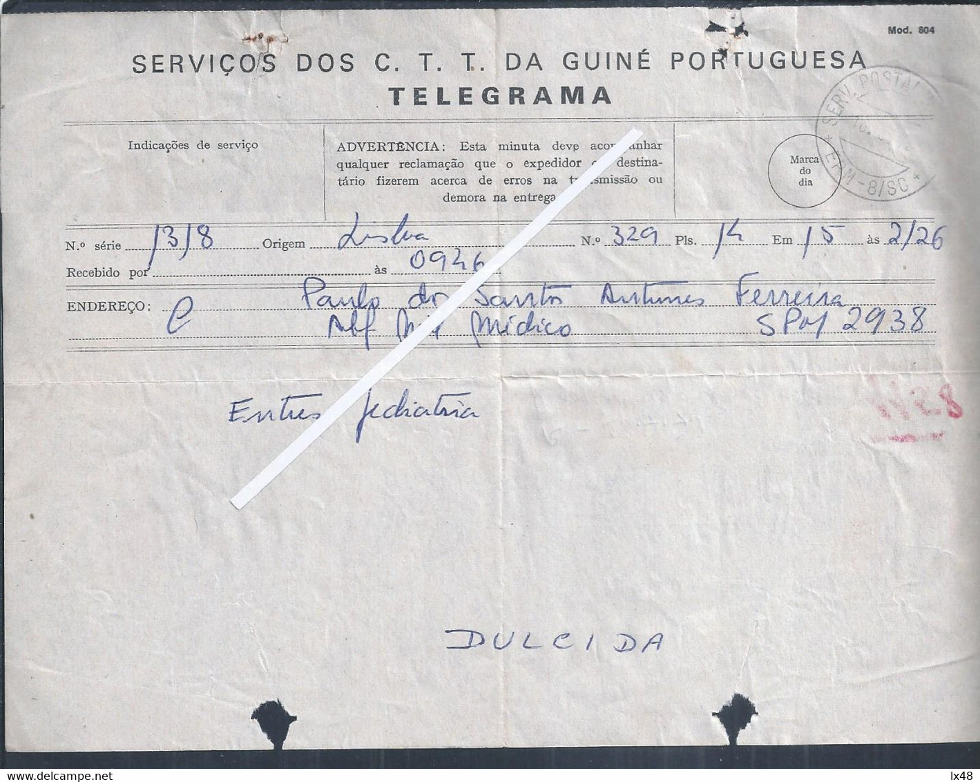 Raro Telegrama Da Guiné De 1962 Com Obliteração Do Serv. Postal Militar . EPM 8/SC. Reencaminhado Do SPM 2938 Para 1158. - Brieven En Documenten