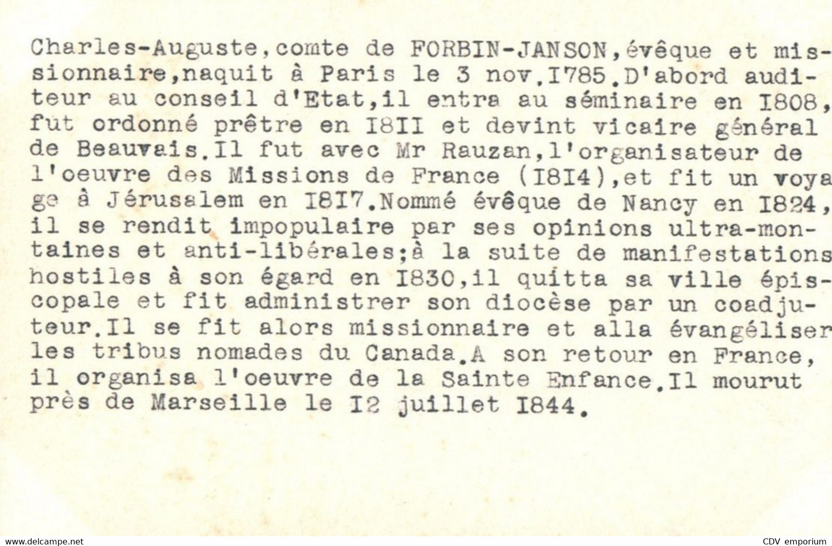 PORTRAIT CHARLES DE FORBIN JANSON FONDATEUR OEUVRE SAINTE ENFANCE PRECHEUR AMERIQUE DU NORD CANADA PRELATE US - Missions