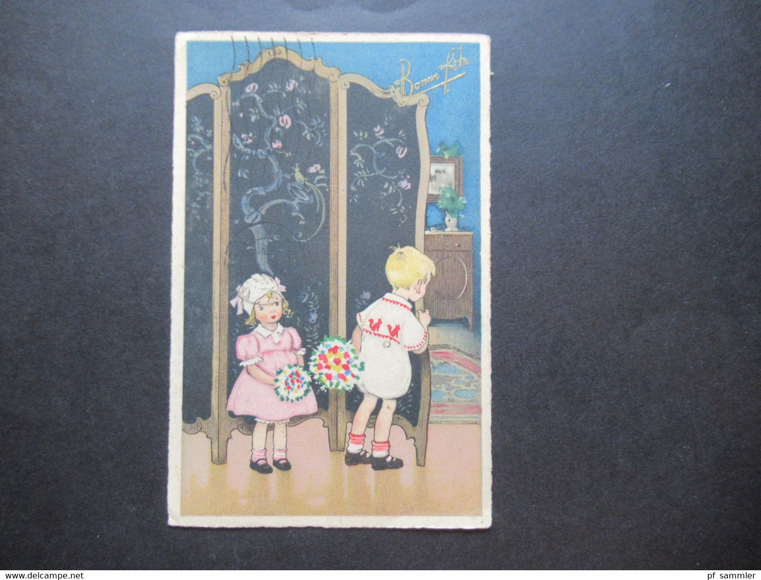 Frankreich 1925 Künstler AK Kinder Mit Bluemnstrauß / Bonne Fete / Glückwunsch AK Frankiert Mit 3x Säerin - Cartoline Umoristiche
