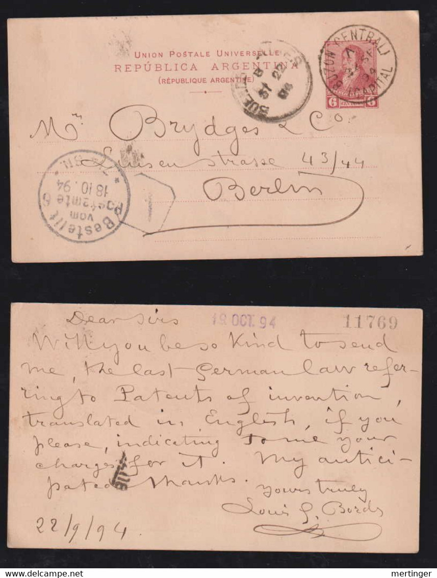 Argentina 1894 Stationery Postcard 6c BUZON CENTRAL Buenos Aires X BERLIN Germany Buzon Mailbox Postmark - Briefe U. Dokumente