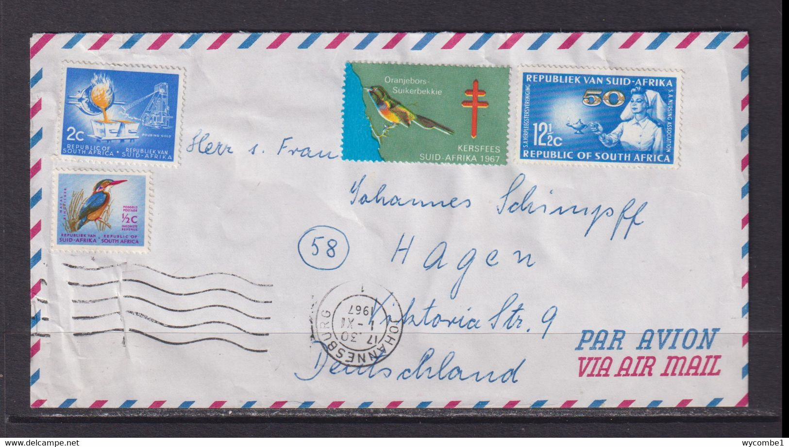 SOUTH AFRICA - 1967 Cover To Germany With Anti TB Label As Scan - Cartas & Documentos