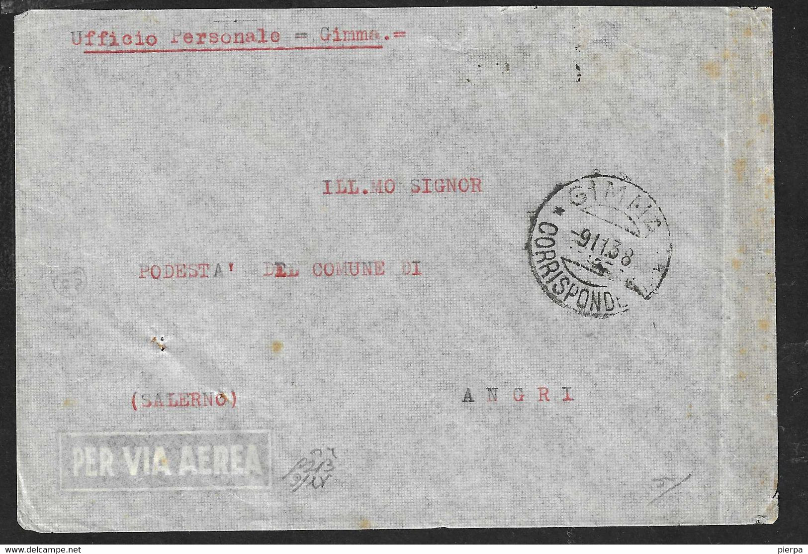 ETIOPIA - ANNULLO DC " GIMMA *9.11.38* CORRISPONDENZE* SU BUSTA IN FRANCHIGIA PER ANGRI (SA) - Ethiopia