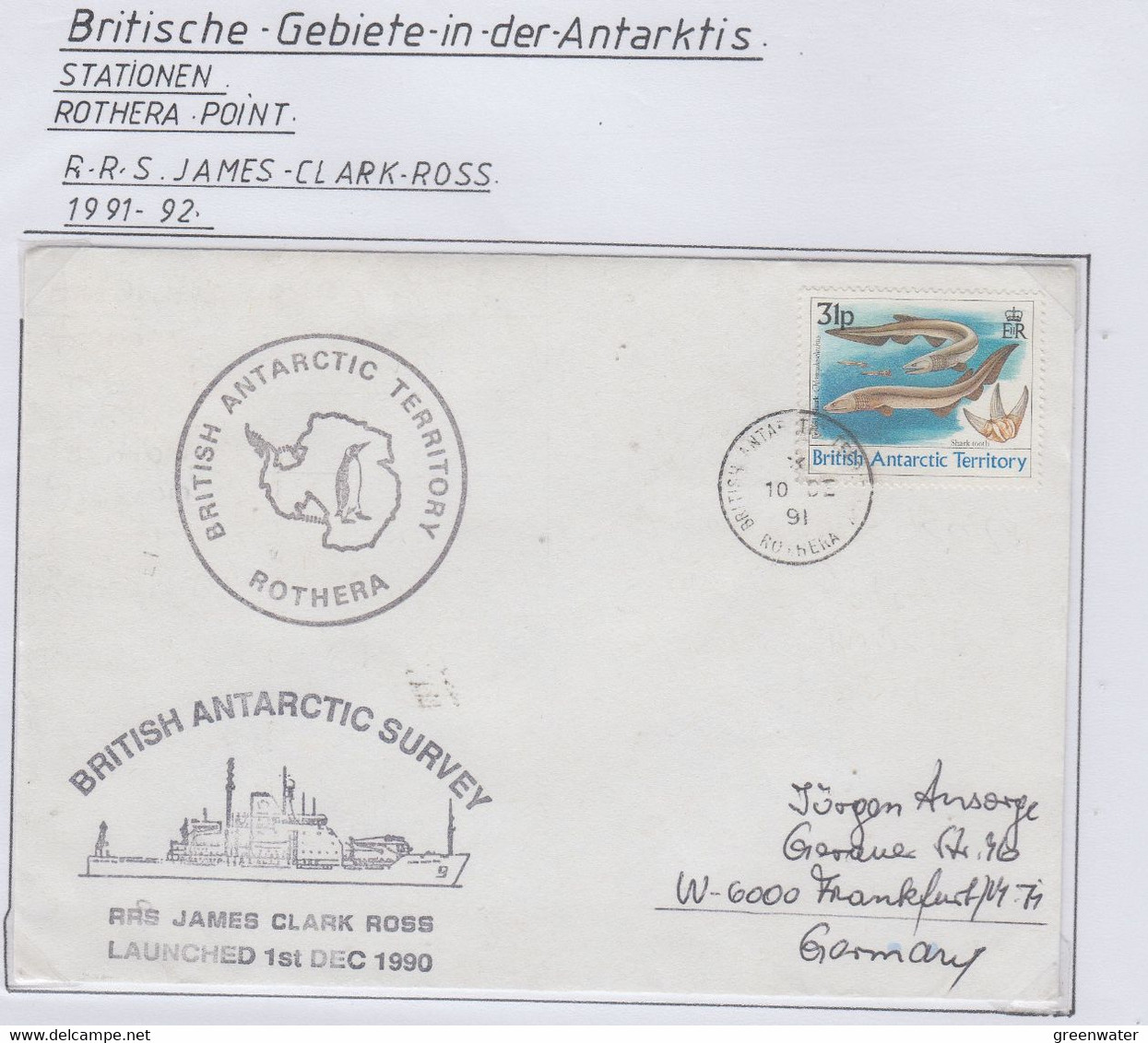 British Antarctic Territory (BAT) 1991 Cover Ship Visit RRS James Clark Ross  Ca Rothera 10 DE 1991 (RH187) - Briefe U. Dokumente