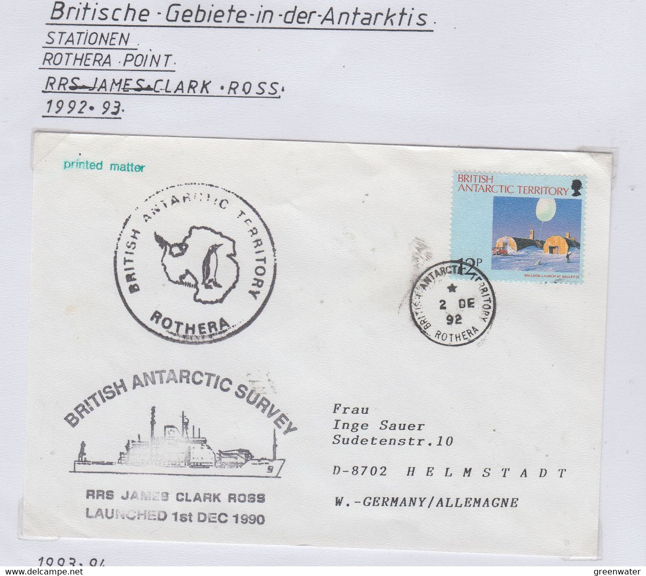 British Antarctic Territory (BAT) 1992 Cover Ship Visit RRS James Clark Ross  Ca Rothera 2 DE 1992 (RH188) - Covers & Documents