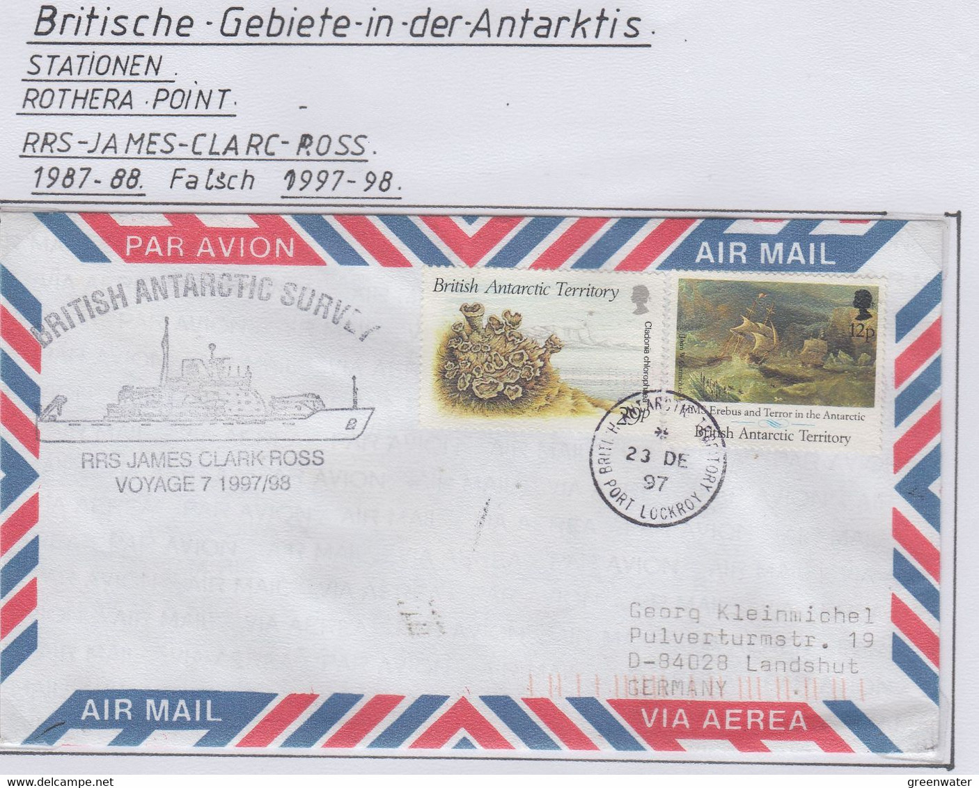 British Antarctic Territory (BAT) 1997 Cover Ship Visit RRS James Clark Ross  Ca Rothera 23 DEC 1997 (RH188B) - Covers & Documents