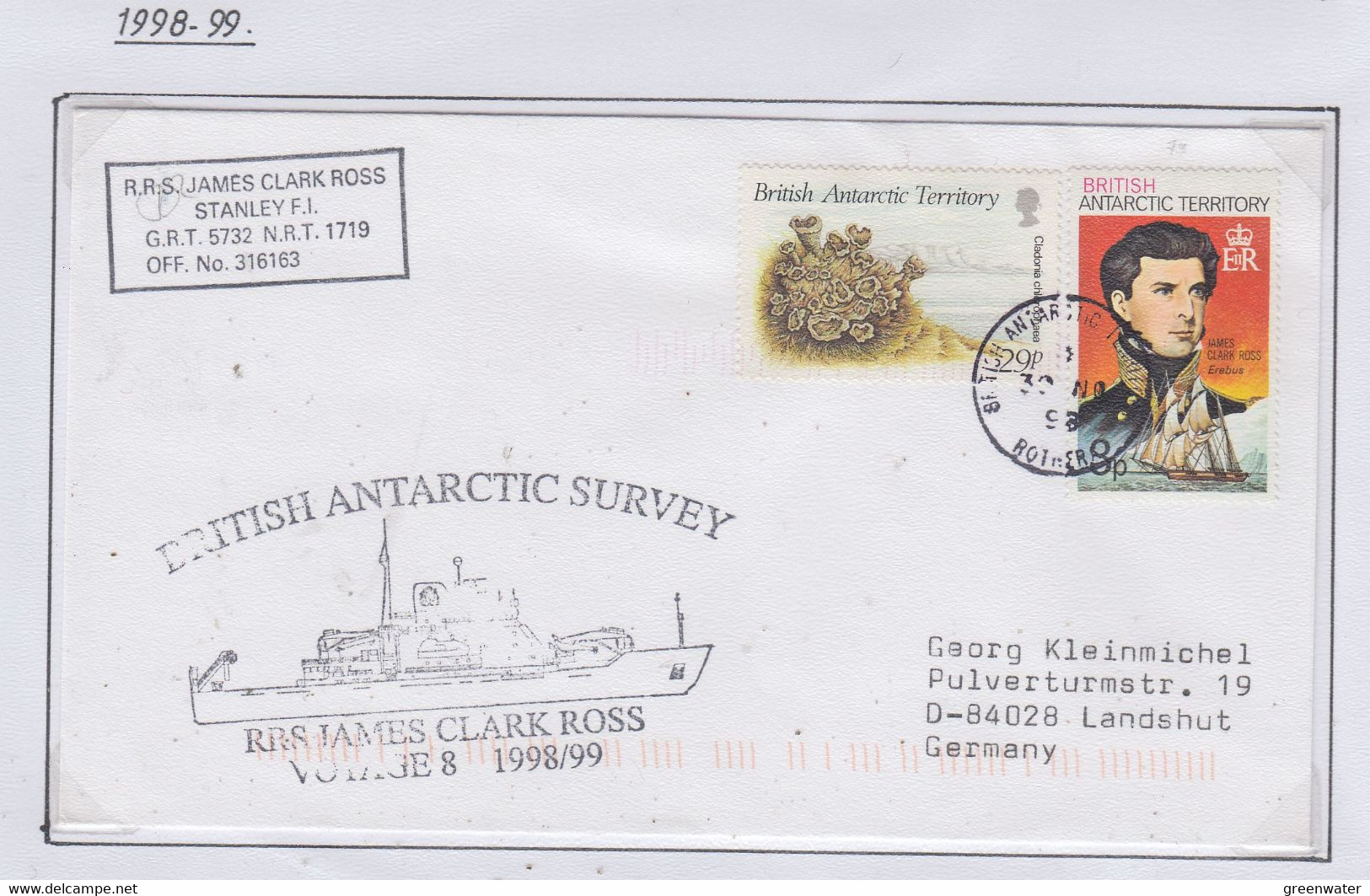 British Antarctic Territory (BAT) 1998 Cover Ship Visit RRS James Clark Ross  Ca Rothera 30 NO 1998 (RH188C) - Covers & Documents