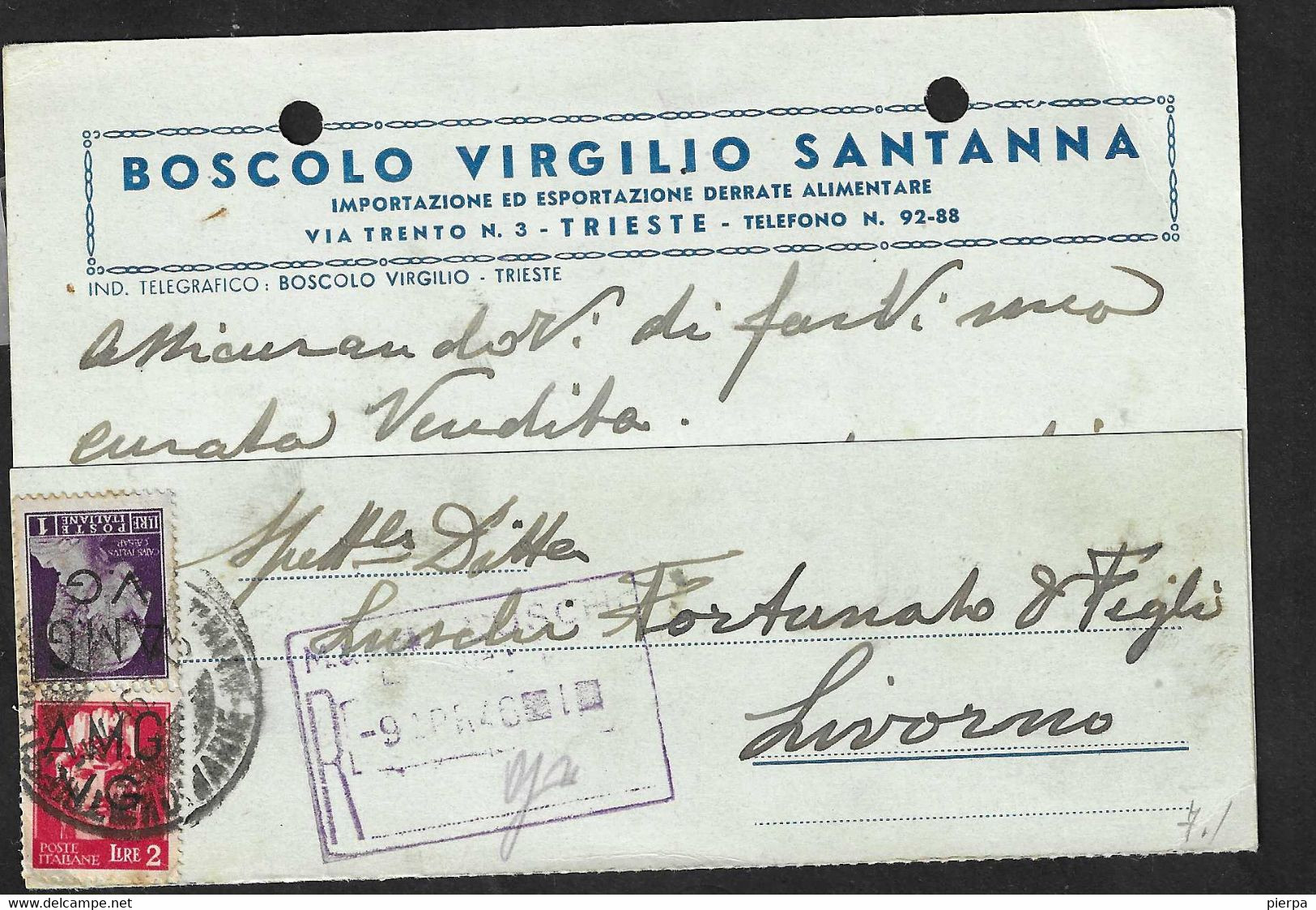 STORIA POSTALE TRIESTE - CARTOLINA INTESTATA DA TRIESTE*4.4.46* AFFRANCATA CON LIRE 1+2 SOPRASTAMPATI AMG VG - Poststempel