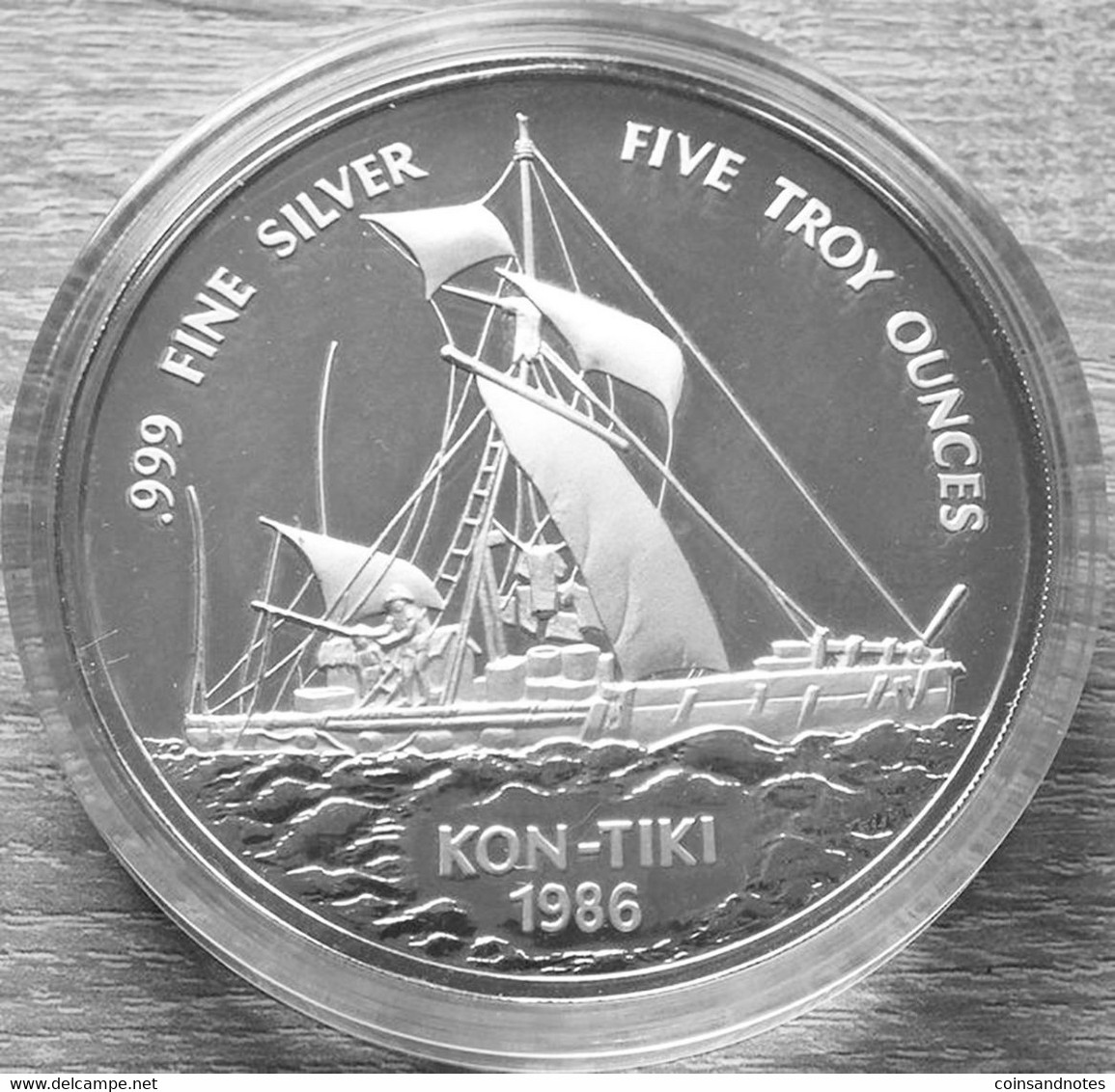 Samoa 1986 - 5 Troy Ounce Fine Silver “Kon-Tiki” - Singapore Mint - COA - Samoa