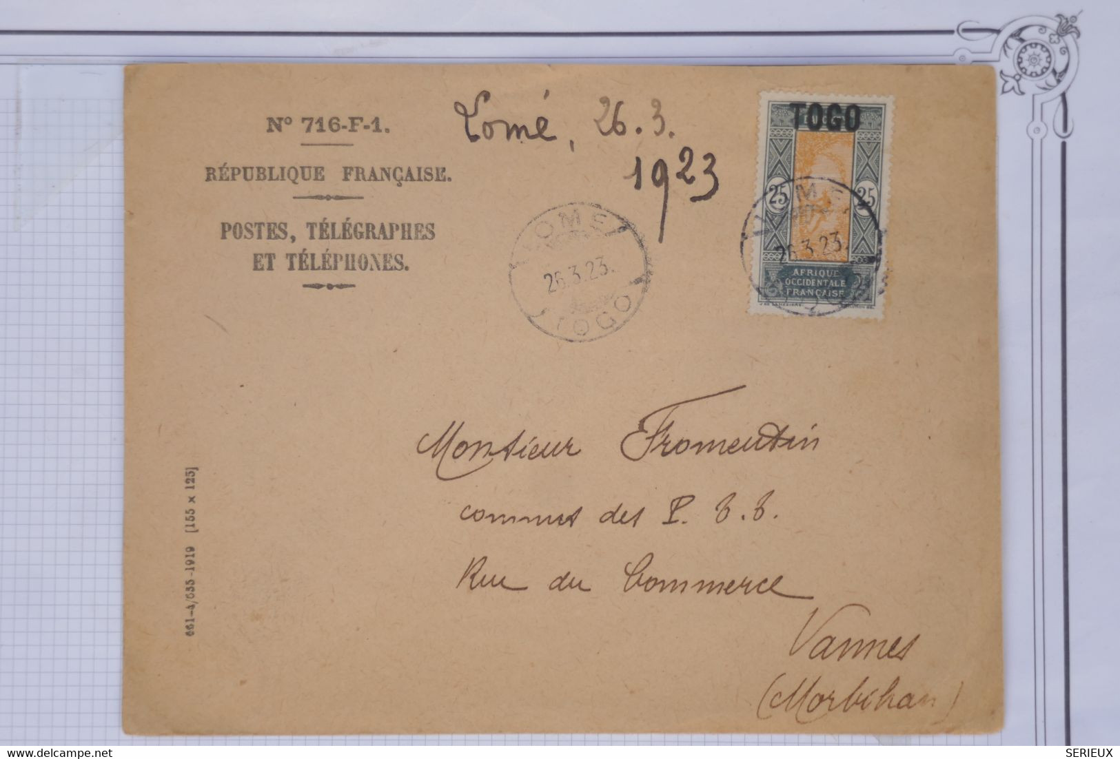 AZ11 AOF TOGO   BELLE LETTRE  1923  PETIT BUREAU  LOMé A VANNES    FRANCE++SURCHARGE + + AFFRANCH. INTERESSANT - Briefe U. Dokumente