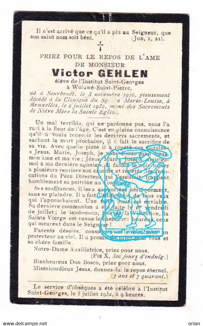 DP Elève Inst. St.-Georges Woluwe-St-Pierre - Victor Gehlen 15ans ° Sourbrodt Robertville Weismes 1916 † Bruxelles 1932 - Devotieprenten