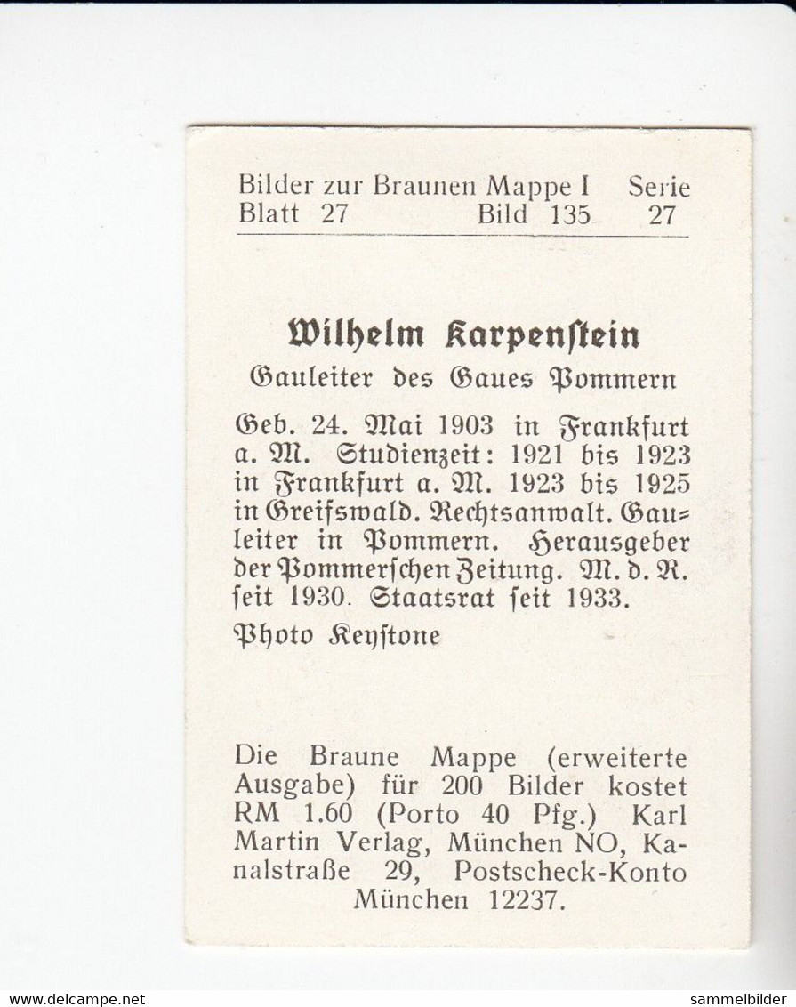 Braune Mappe Wilhelm Karpenstein Gauleiter Des Gaues Pommern   Bild # 135 Von 1933 - Sammlungen & Sammellose