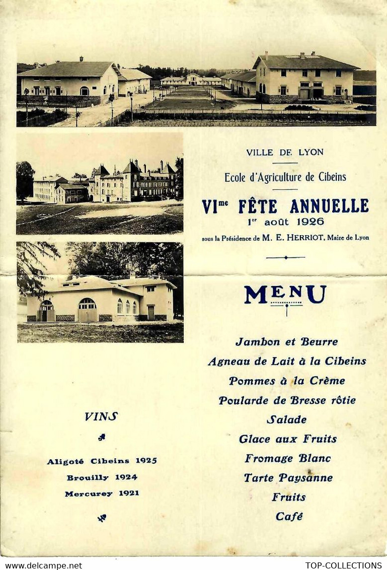 1926 FORMATION AGRICOLE  LYON ECOLE  AGRICULTURE Cibeins Miserieux (Ain)   MENU FETE ANNUELLE PRESIDENCE EDOUARD HERRIOT - Documents Historiques