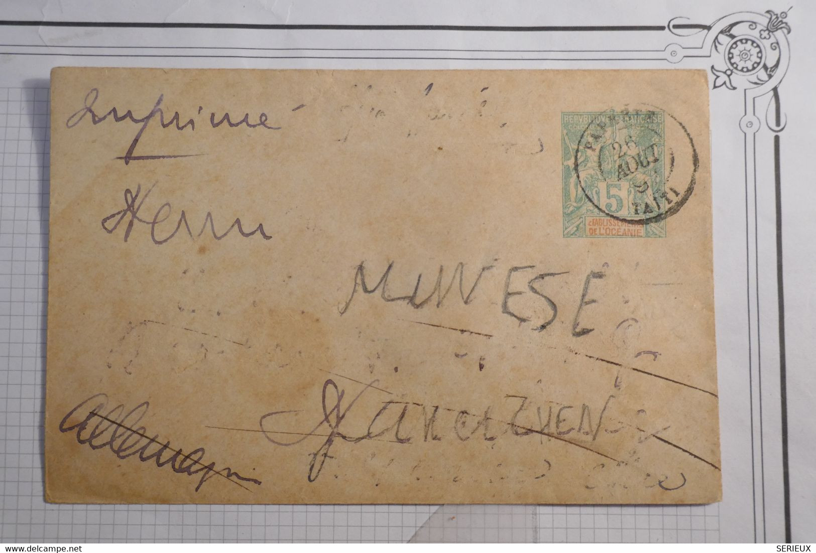 AZ11 ETABL. OCEANIE   BEL ENTIER RRR   1892  DE PAPEETE  TAHITI ++AFFRANCH. INTERESSANT - Briefe U. Dokumente