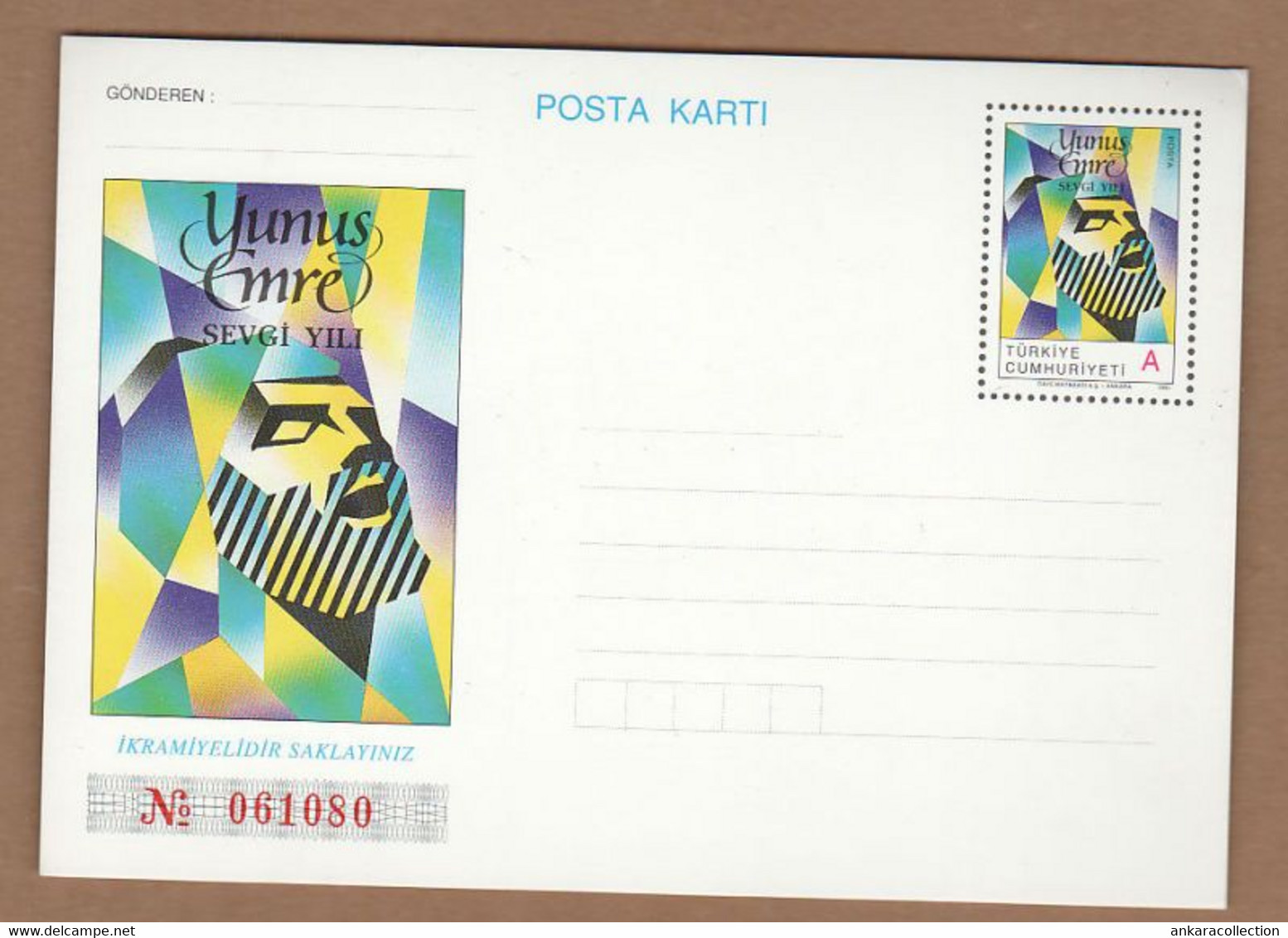 AC - TURKEY POSTAL STATIONARY - YUNUS EMRE - WITH RED SERIAL NUMBER 061080 -  01 NOVEMBER 1991 - Entiers Postaux