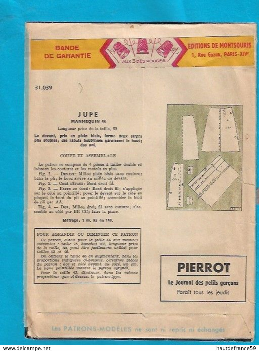 Ancien PATRON Modèle  JUPE Manequin 44 31039   - édité  Par Le Petit Echo De La Mode , Bande De Garantie - Schnittmuster