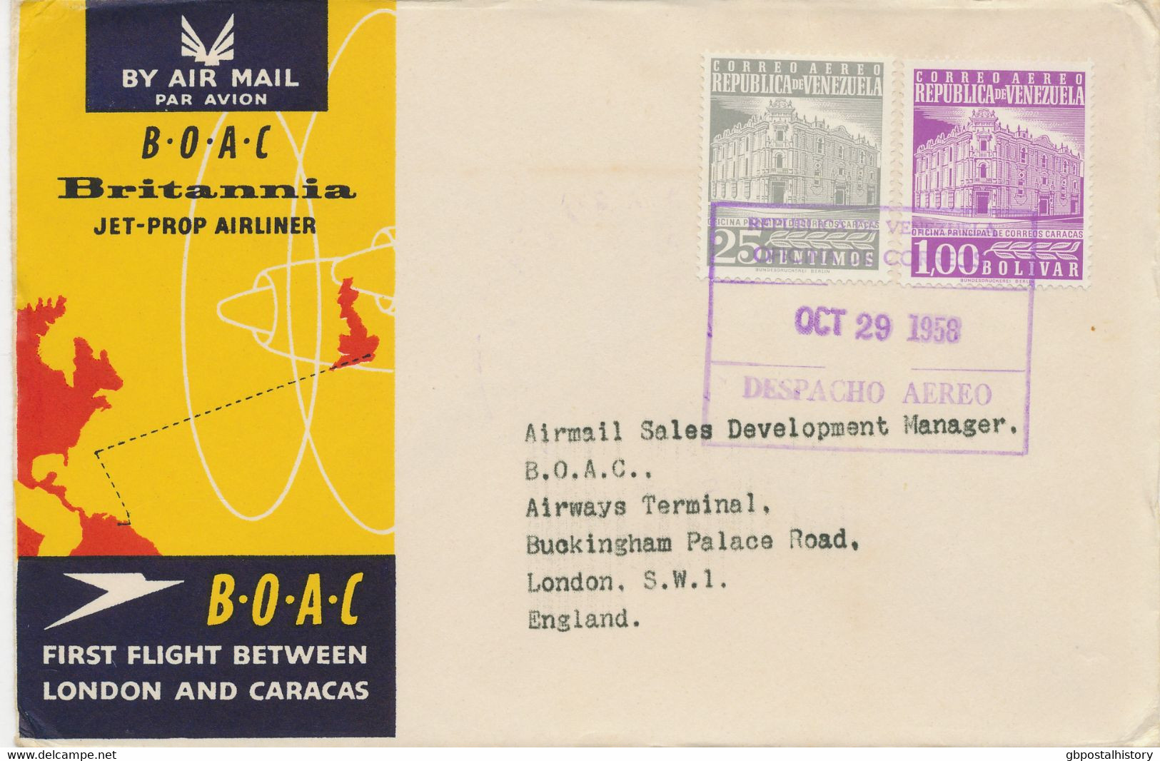 VENEZUELA 1958, Main Post Office Caracas 25 C And 1 B Rare Mixed Postage On Superb First Flight Cover CARACAS - LONDON - Venezuela