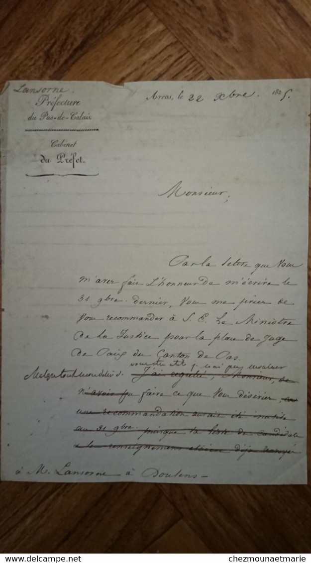 1825 VICOMTE BLIN DE BOURBON PREFET PAS DE CALAIS DEPUTE SOMME BROUILLON LETTRE - Documenti Storici