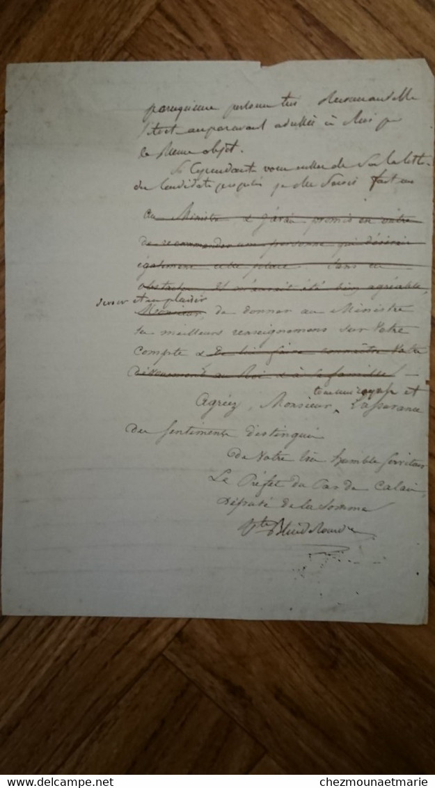 1825 VICOMTE BLIN DE BOURBON PREFET PAS DE CALAIS DEPUTE SOMME BROUILLON LETTRE - Historical Documents