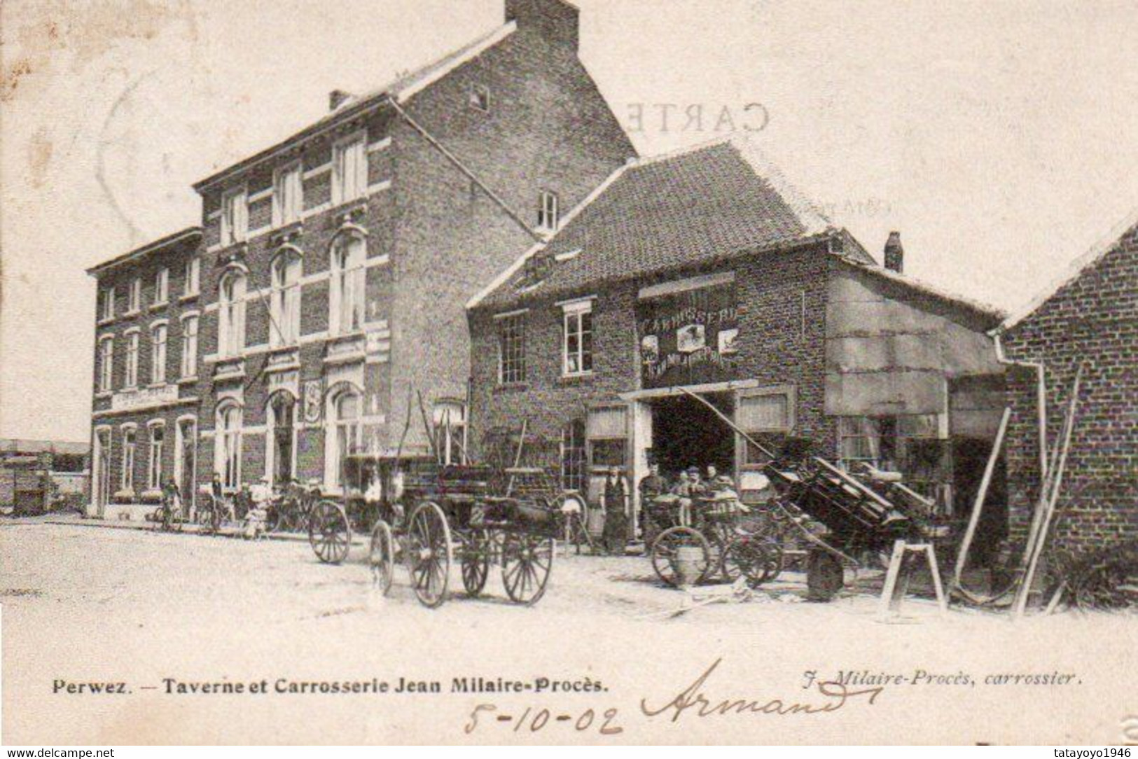 Perwez  Taverne Et Carrosserie Jean  Milaire-Procès Animée Charette Etc.. Voyagé En1902 - Perwez