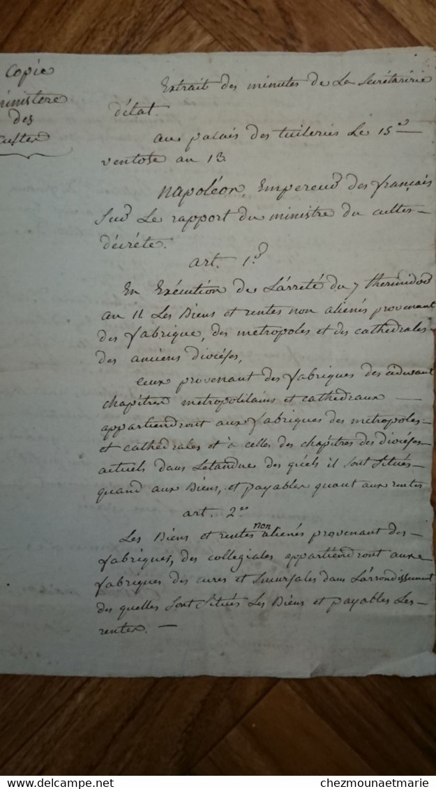 COPIE MINUTES MINISTÈRE DES CULTES AN 13 SIGNE HENRY DU ROURE MAIRE ARLES BOUCHES DU RHONE - Documenti Storici