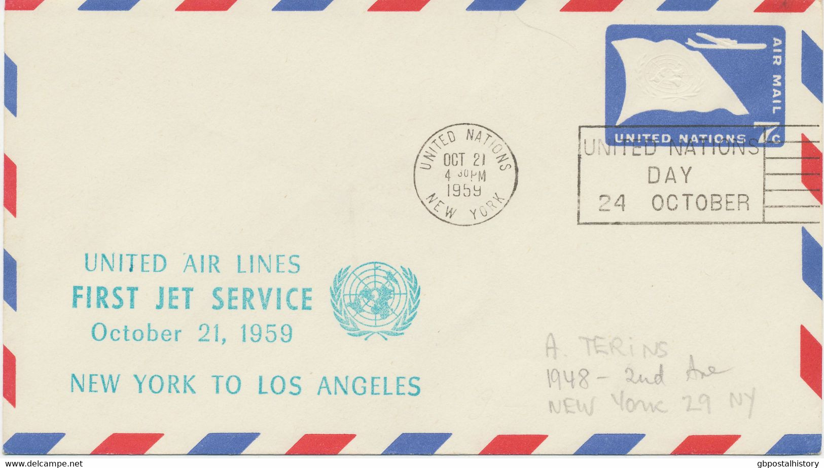 UNO 21.10.1959, UNO Fahne M. Flugzeug 7 C Kab.-Luftpost-GA-Umschlag Als Erstflug Mit United Air Lines First Jet Service - Storia Postale