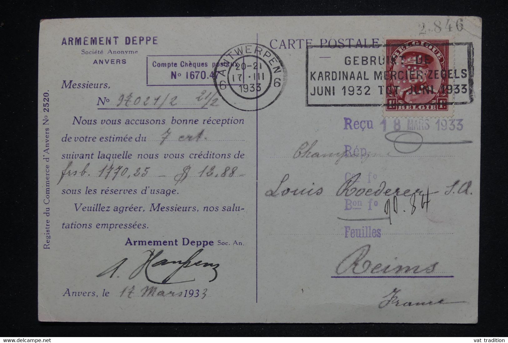 BELGIQUE - Affranchissement Perforé Sur Carte Commerciale De Anvers Pour La France En 1933 - L 126219 - 1909-34