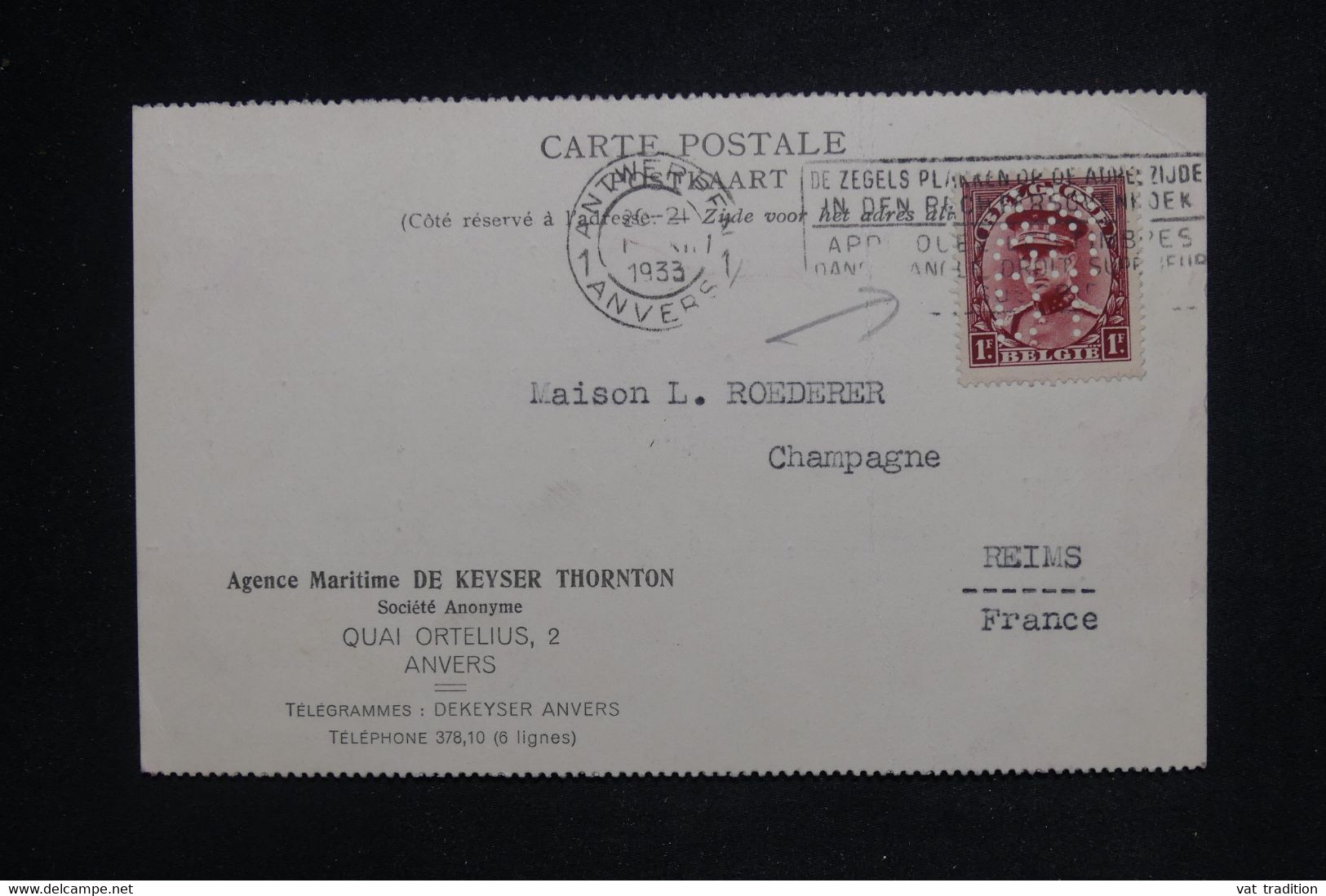 BELGIQUE - Perforé Sur Carte Commerciale De Anvers Pour Reims En 1933 - L 126223 - 1909-34