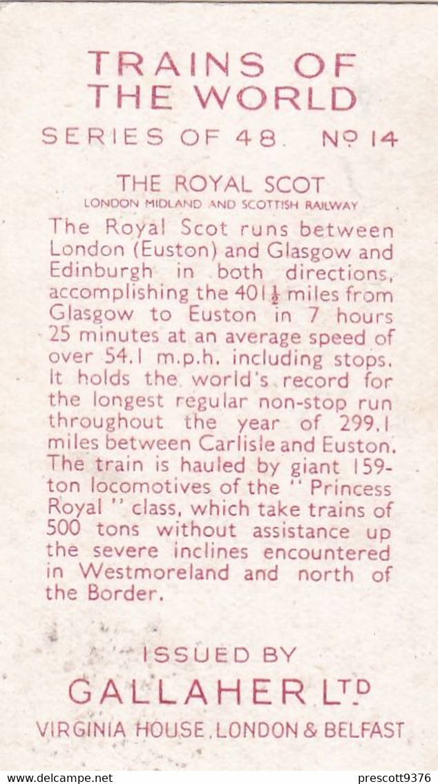 Trains Of The World 1937 - 14 The Royal Scot - Gallaher Cigarette Card - Original - Gallaher