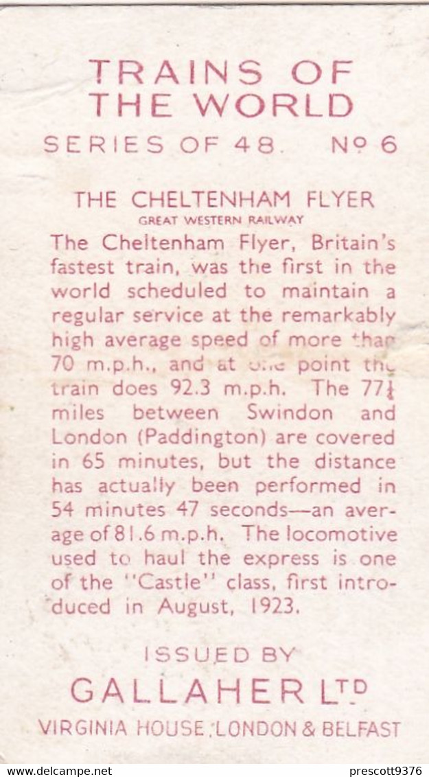 Trains Of The World 1937 - 6 Cheltenham Flyer - Gallaher Cigarette Card - Original - Gallaher