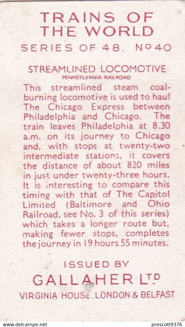 Trains Of The World 1937 - 40 Pennsylvania Railroad - Gallaher Cigarette Card - Original - Gallaher