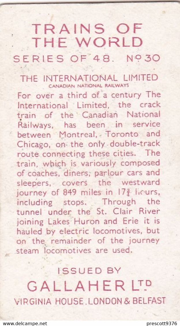 Trains Of The World 1937 - 30 International Ltd Canadian Nat Railway - Gallaher Cigarette Card - Original - Gallaher