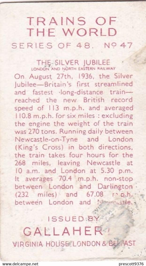 Trains Of The World 1937 - 47 Silver Jubilee LNER - Gallaher Cigarette Card - Original - Gallaher