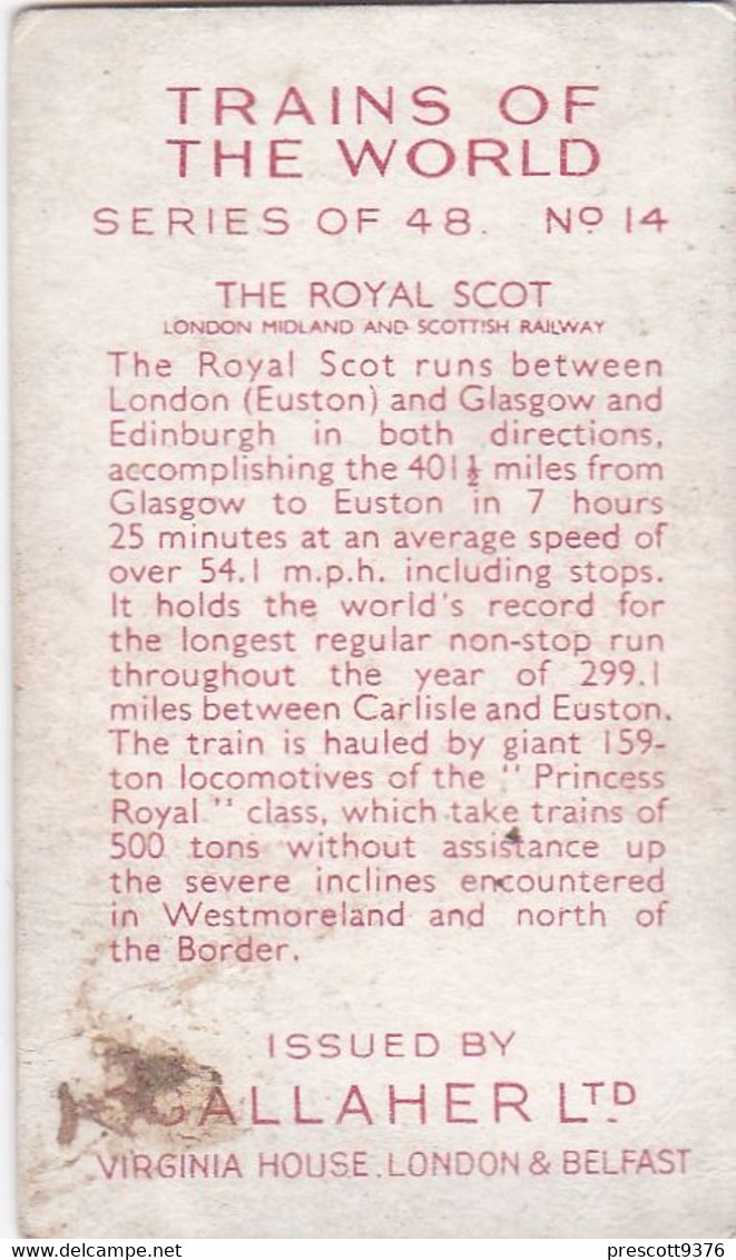 Trains Of The World 1937 - 14 Royal Scot LMSR - Gallaher Cigarette Card - Original - Gallaher